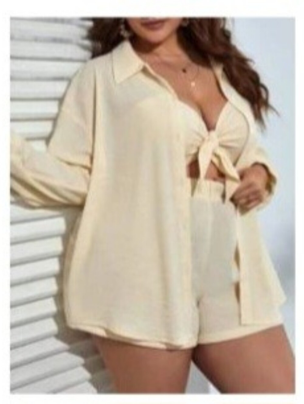 Three-Piece Tie-Front Top and Shorts Set